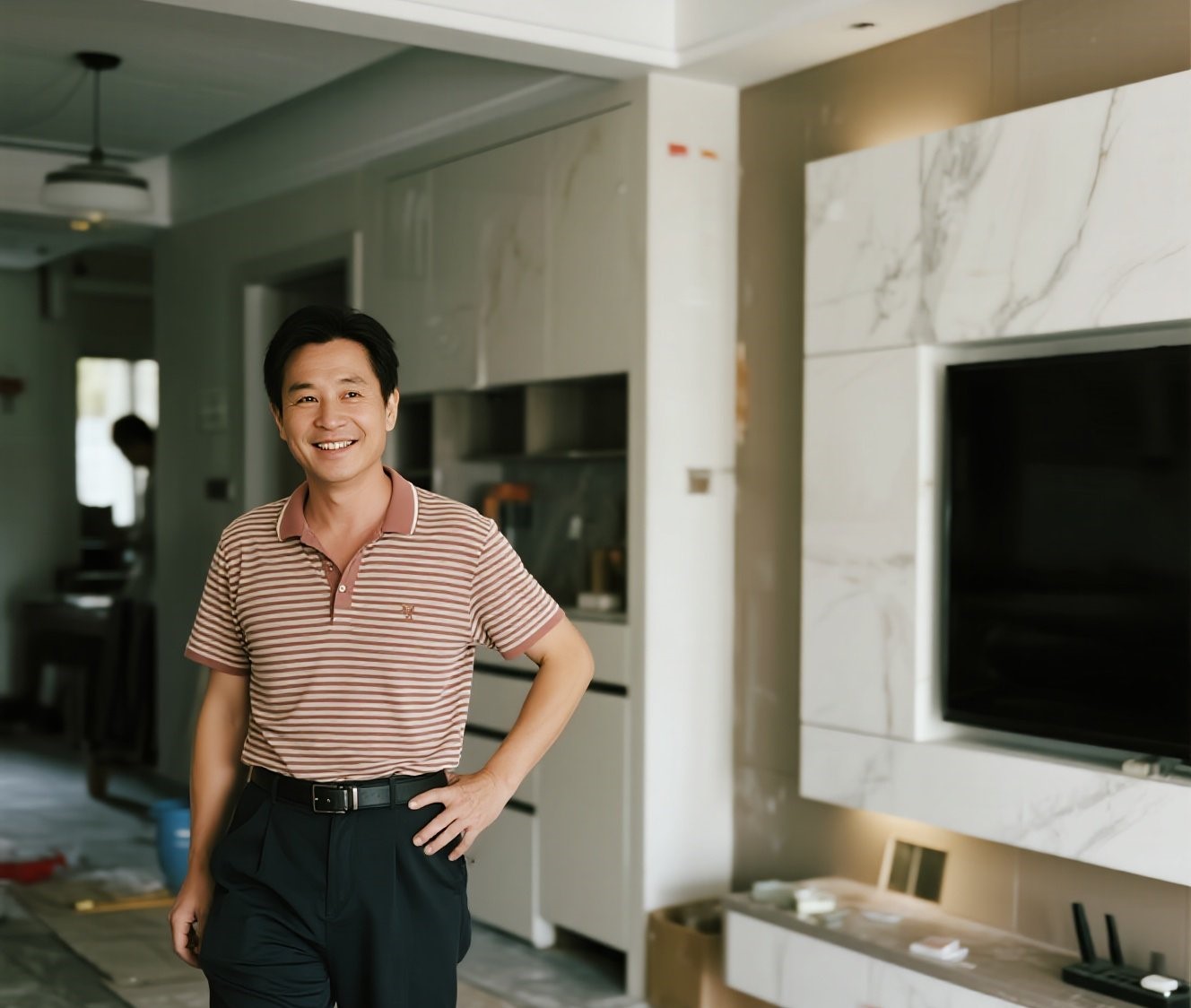 一个业主，非常开心地站在刚刚装修好的房子里