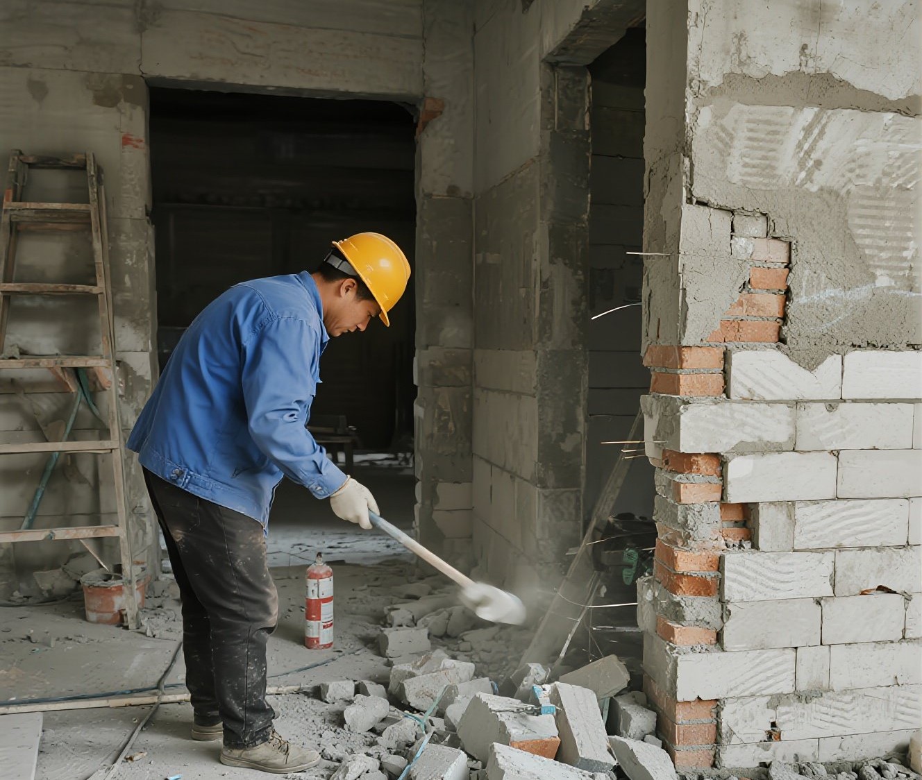 装修工人正在砸墙