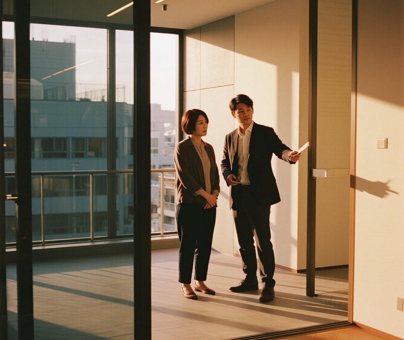 房东正在向一夫妇介绍房子