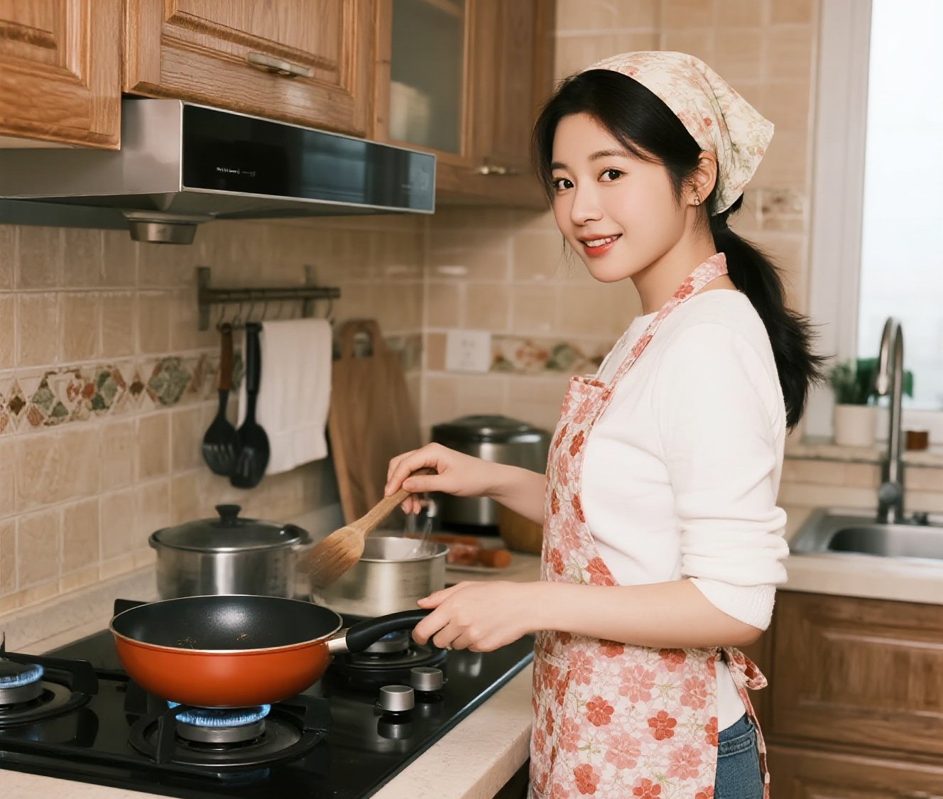 一位上门煮饭的阿姨正在厨房里忙碌