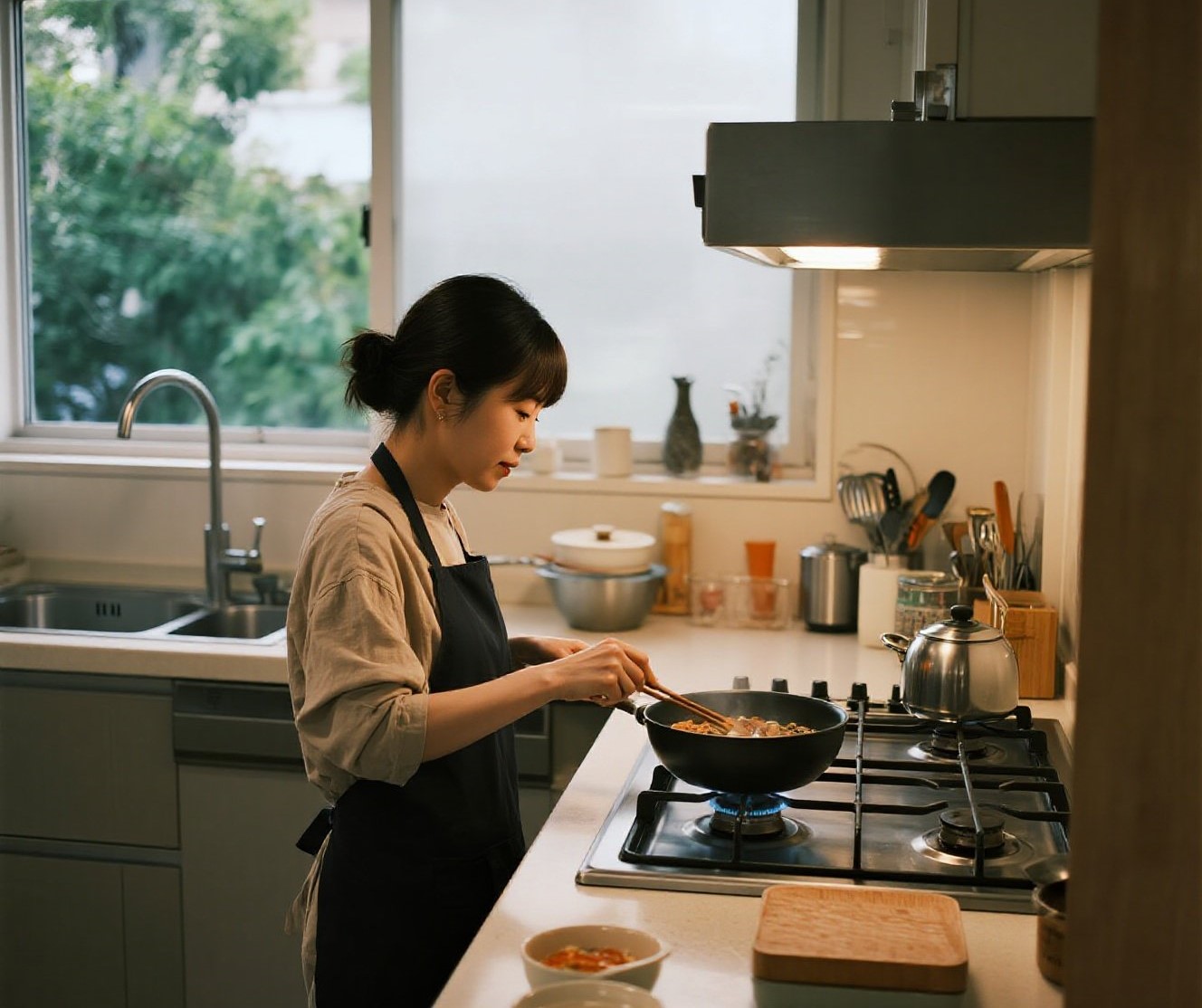 一位上门煮饭的阿姨正在炒菜