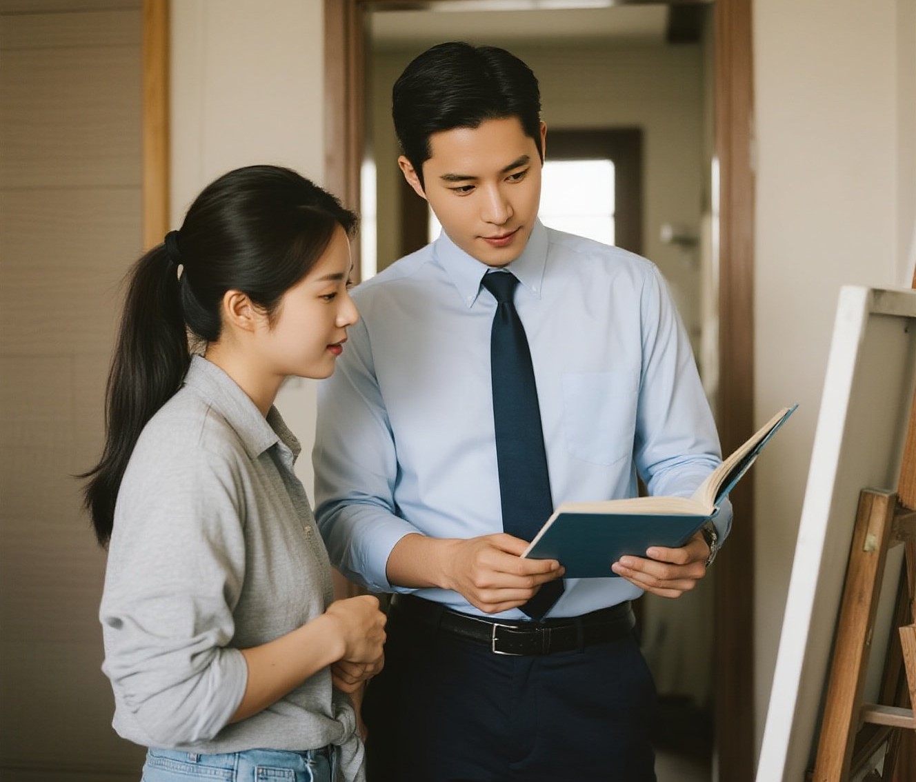 物业人员正在带着一个年轻的租客在看租房