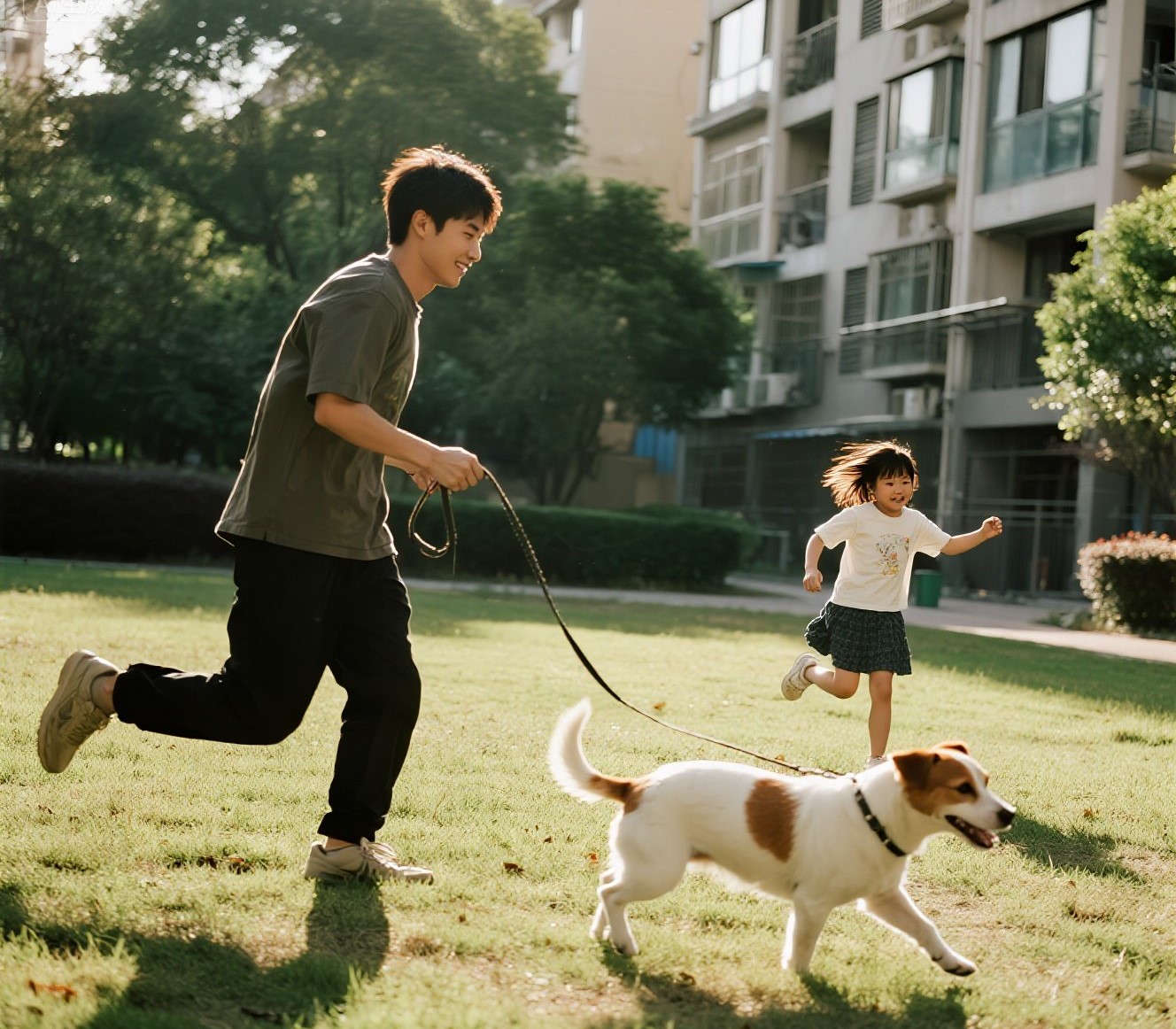 一个男人正在遛狗