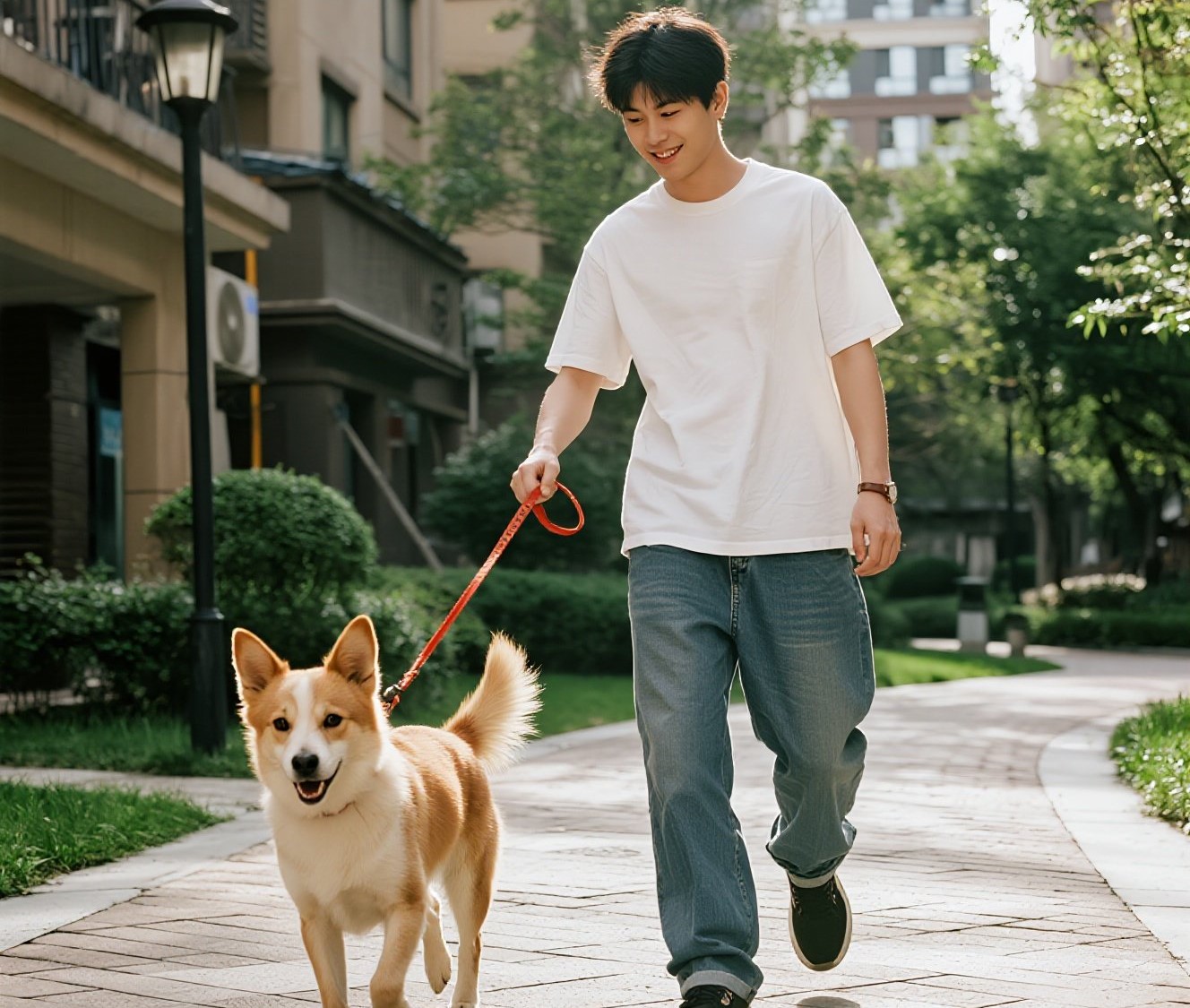 一位年轻人正在小区里遛狗